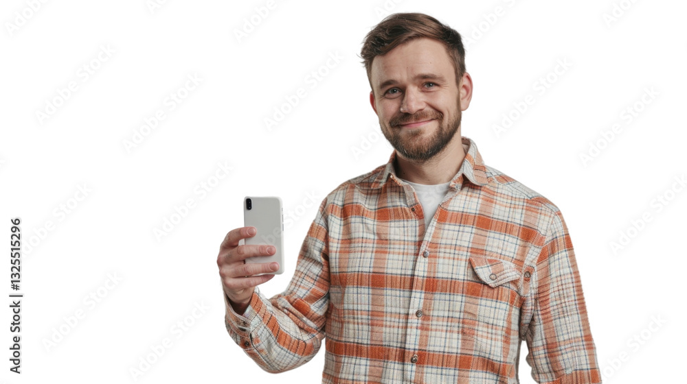 Poster smiling man showing smartphone screen on transparent background