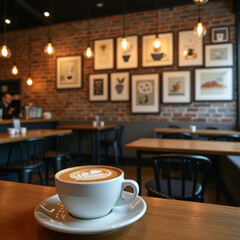 a trendy coffee shop setting with rustic wooden tables exposed brick walls and hanging edison light