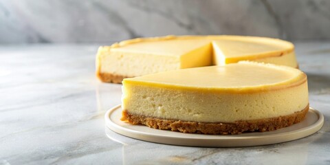 Creamy yellow cheesecake with a shortbread crust on a marble background , tart, lemon cheesecake,  tart