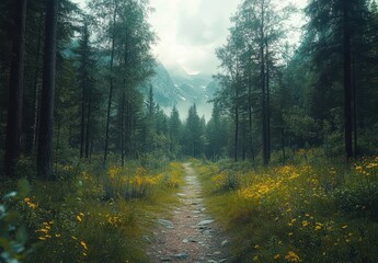 Obraz premium Serene Forest Pathway Surrounded by Lush Greenery and Wildflowers Under a Misty Mountain Sky in Tranquil Nature Landscape