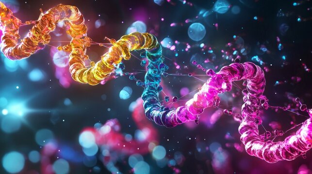 A dynamic 3D illustration demonstrating synthetic biology concepts.