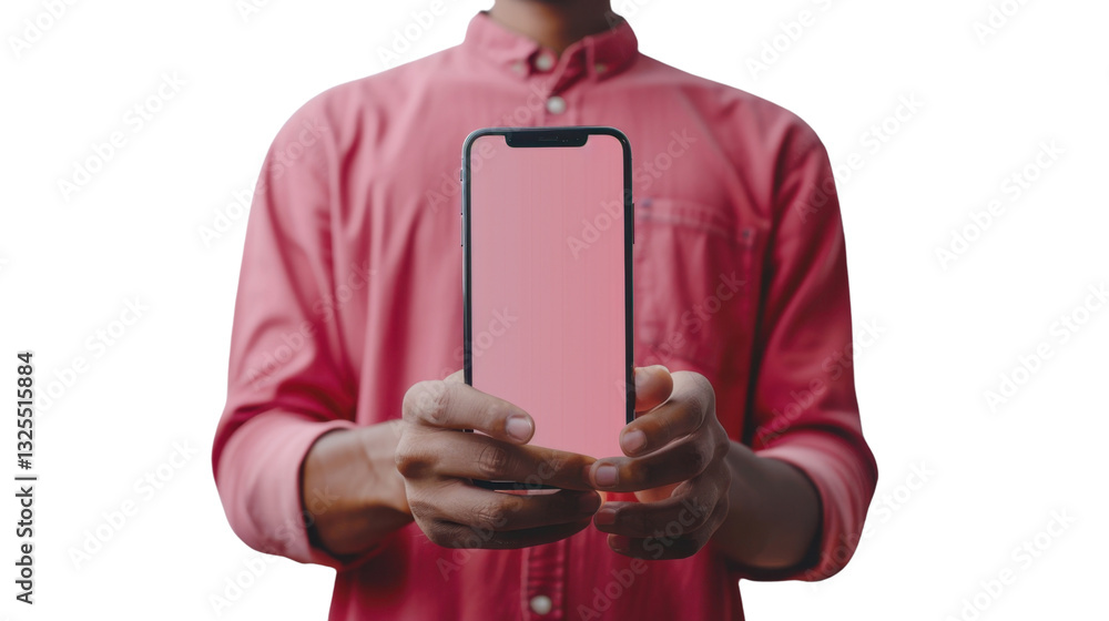 Poster man holding smartphone with transparent background showing pink screen