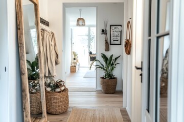 Bright hallway with wooden floor, mirror, plant, and baskets.