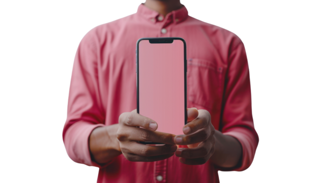 Man holding smartphone with transparent background showing pink screen