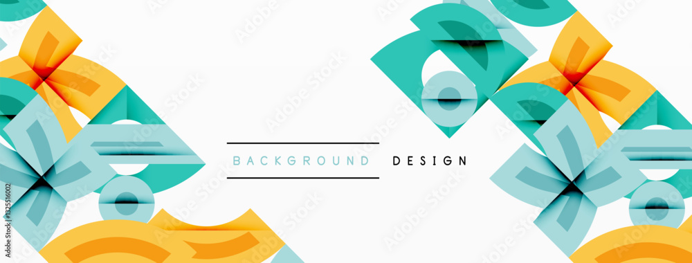 Poster Abstract geometric background with shapes, featuring circular and rounded elements. Bold contrast, smooth gradients, dynamic composition, futuristic style