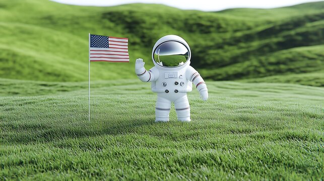 A small astronaut waves near an american flag in green fields