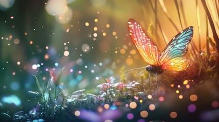 Magical butterfly in a mystical forest at sunset