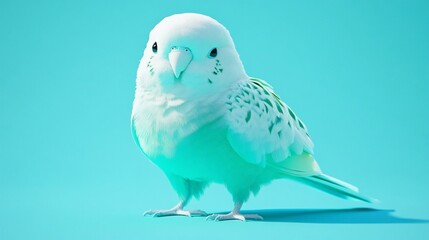 White budgie posing, cyan background, studio shot, pet