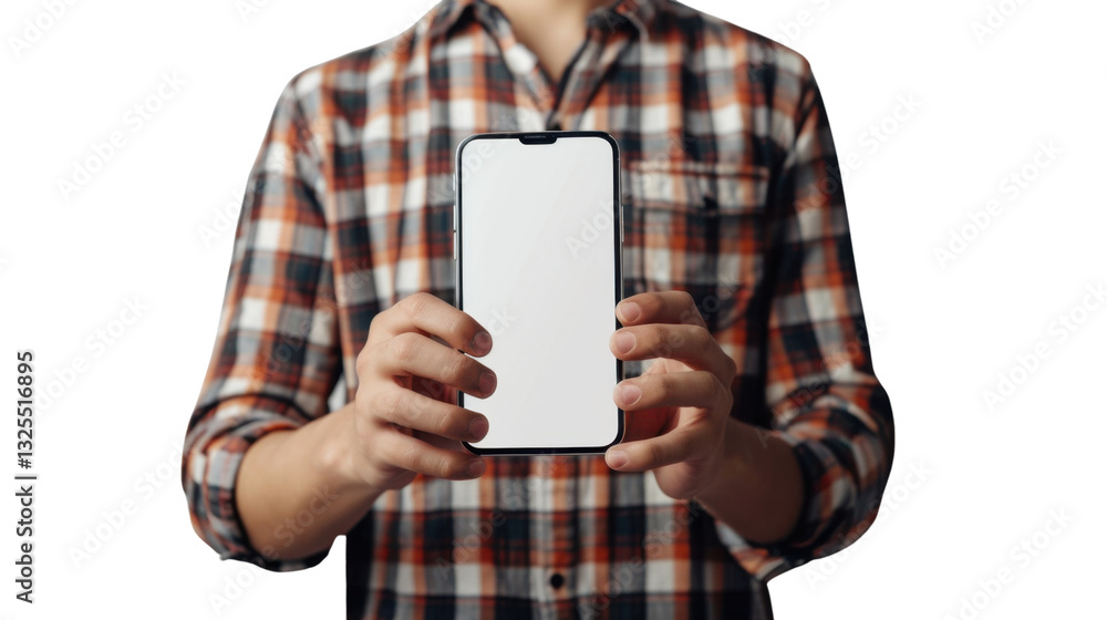 Poster man showing mobile phone with blank white screen on transparent background