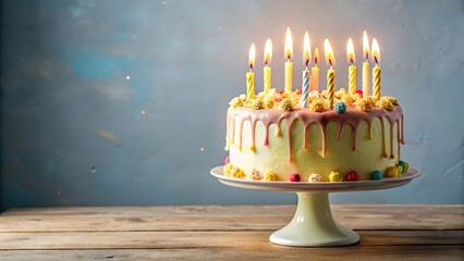 A beautifully decorated birthday cake with multiple candles and a generous dollop of creamy drip icing on top, birthday cake, holiday feasting