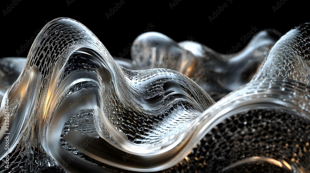 Poster abstract fluid sculpture created with glass-like material in a dark setting showcasing intricate wav
