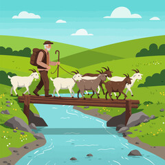 Naklejka premium Shepherd Leading Goats Across Stream Using Wooden Bridge in Countryside