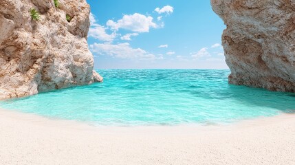 Beautiful Beach concept. A serene beach scene featuring turquoise water, white sand, and rocky cliffs under a clear blue sky.