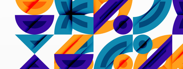 Abstract geometric background with shapes, featuring circular and rounded elements. Bold contrast, smooth gradients, dynamic composition, futuristic style