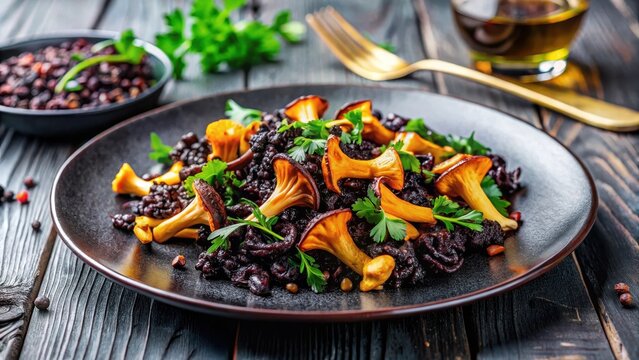 Fresh healthy seared girolles mushrooms with black rice on a plate, garnished with fresh herbs and served in a elegant dining setting, healthy food, mushroom dish