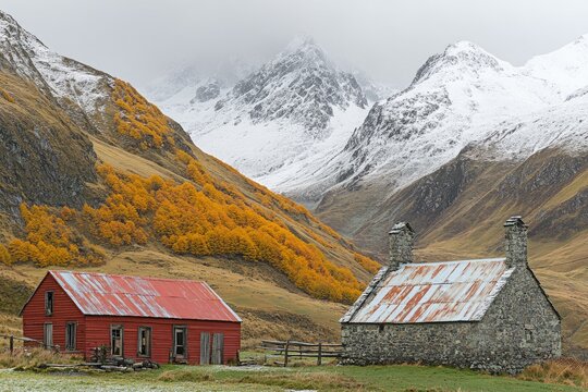 Rustic mountain huts nestled in a valley of autumn colors, blanketed in a light snowfall, and snow-capped peaks rise above