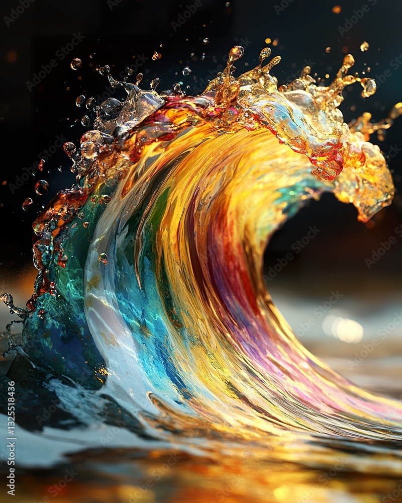 Poster a colorful and dynamic wave cresting with water splashing wildly