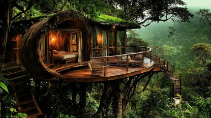 Obraz premium A whimsical treehouse hotel nestled in lush Costa Rican scenery. 