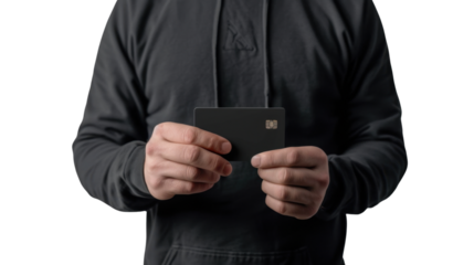 Man holding black credit card with transparent background