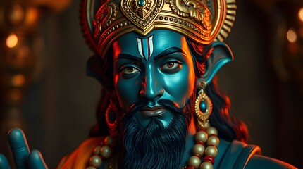 Fototapeta premium Portrait of Lord Krishna with Crown and Jewelry in Traditional Setting