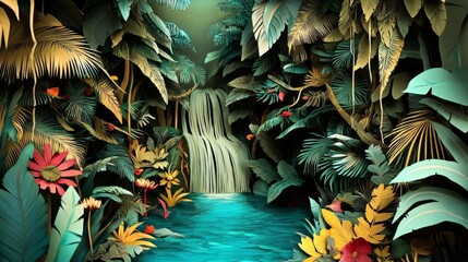 Obraz premium A detailed papercut creation showcasing a vibrant waterfall nestled in a tropical oasis.