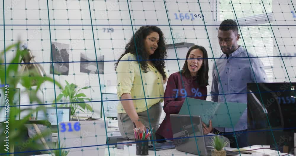 Aufkleber in office, team collaborating on financial data and graphs, creating animation