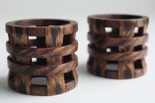 Two wooden, cylindrical, decorative holders, crafted from dark-brown wood, with a lattice design