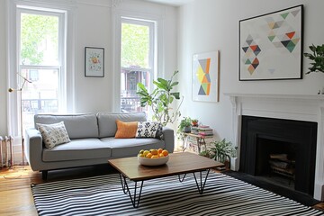 Bright living room with grey sofa, wooden coffee table, and geometric art.