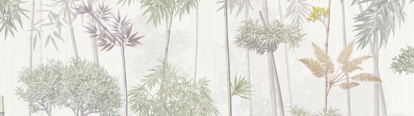 Wallpaper textile pattern with natural leaves and trees background mountain and sky sunset.