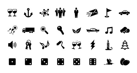 Big Icon Set. Music, Email, Car, Manager, Teamwork, Flag, Sound, Key, Cloud, Audio, Wine Glass, Spam, Egg Icons Vector Illustration