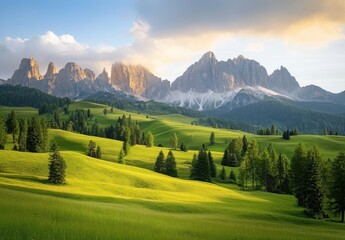 Obraz premium Serene Landscape with Majestic Mountains, Lush Green Hills, and Clear Blue Sky During Golden Hour in the Dolomites, Italy