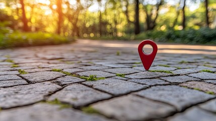 Red location pin marks a path in a sunny park during the golden hour with lush greenery surrounding it