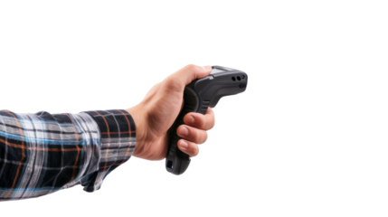 Shop assistant holding inventory scanner in hand on transparent background