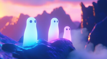 Neon ghosts on rocks, mountain sunset, digital art, fantasy