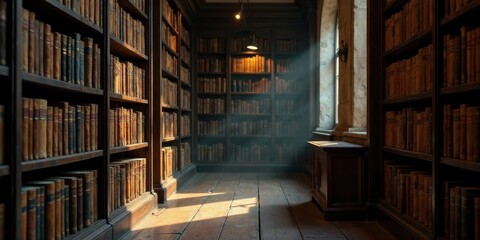 Sunlit Study Rows of Aged Books in a Grand Library, Illuminated by a Single Window