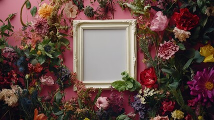 Naklejka premium image of fresh flowers of various colors and green leaves placed around empty white photo frame against pink background - ai