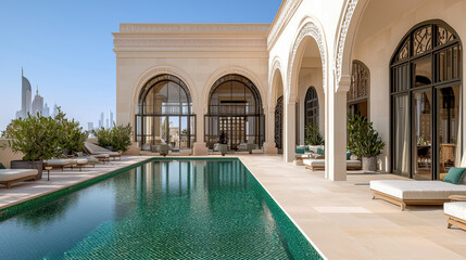 Luxurious courtyard with intricate arches, lush greenery, and a tranquil pool reflecting the clear blue sky, exuding elegance and serenity.