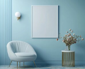 Elegant blue room interior with armchair, mockup poster, and dried flowers.