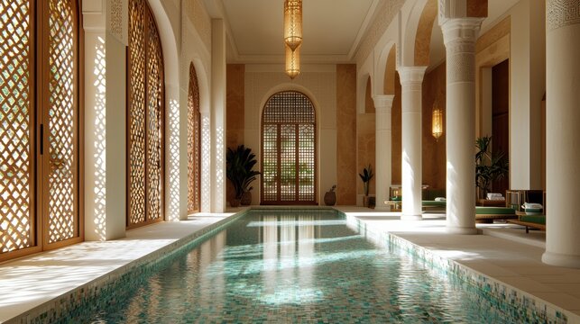 Indoor pool adorned with ornate columns and warm lighting, providing a luxurious and tranquil atmosphere.