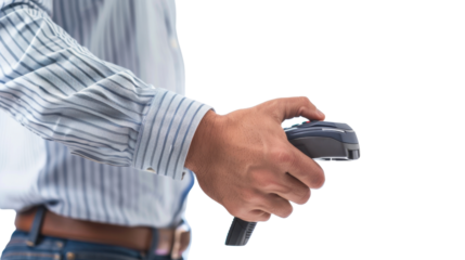 Shop assistant holding pos terminal making payment on transparent background