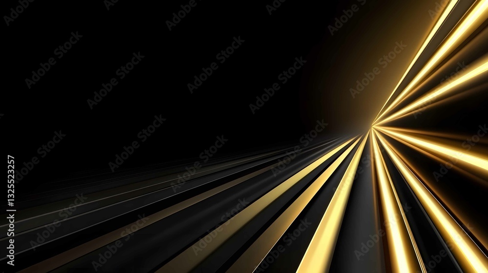 Poster dynamic golden light beams extending into a dark space create a feeling of depth and motion for a fu