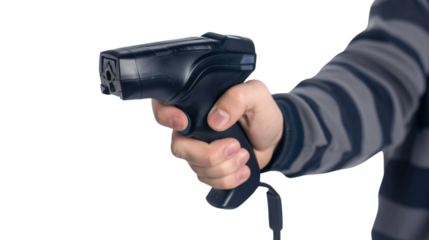 Shop assistant holding barcode scanner on transparent background