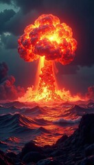 A dramatic explosion illuminating the ocean with fiery colors and dark stormy clouds.