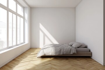 Bright minimalist bedroom with sunlight streaming through large window, featuring a simple bed on light wood floors.