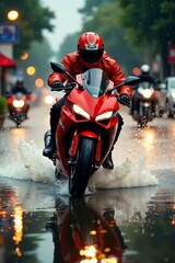 A rider on a red motorcycle splashes through puddles on a rainy city street.