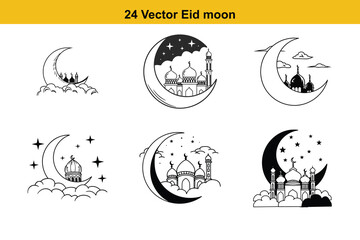 Ramadan & Eid Mubarak vector illustration,Crescent moon and star silhouette vector illustration islamic art graphic