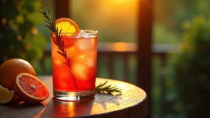 Refreshing Citrus Beverage with Ice and Rosemary Garnish on Wooden Table at Sunset