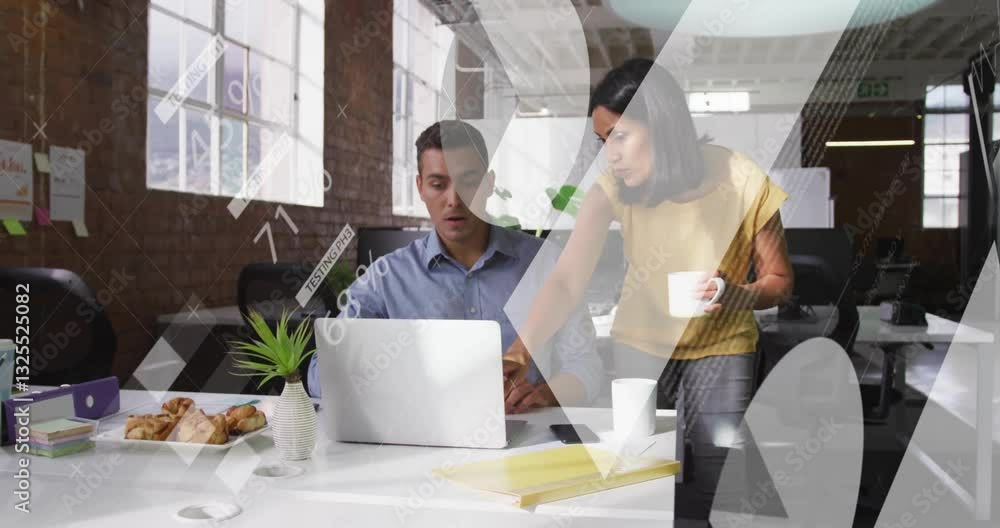 Poster collaborating at desk, business colleagues with global data processing animation overlay