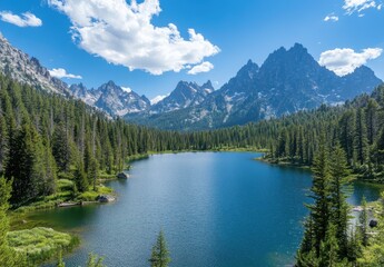 Serene Mountain Lake Surrounded by Lush Forests and Majestic Peaks Under a Bright Blue Sky with Fluffy White Clouds