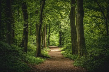 Obraz premium Lush forest path. Sunlight filters through verdant canopy. Tranquil woodland scene